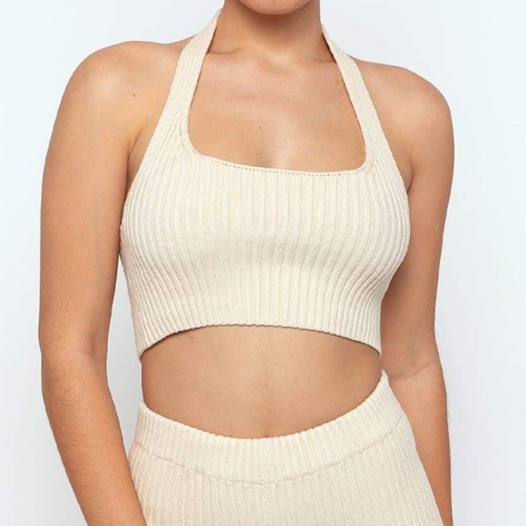 Los Angeles Apparel knit halter top xs s extra small xs/s creme crop top cropped - Picture 2 of 8